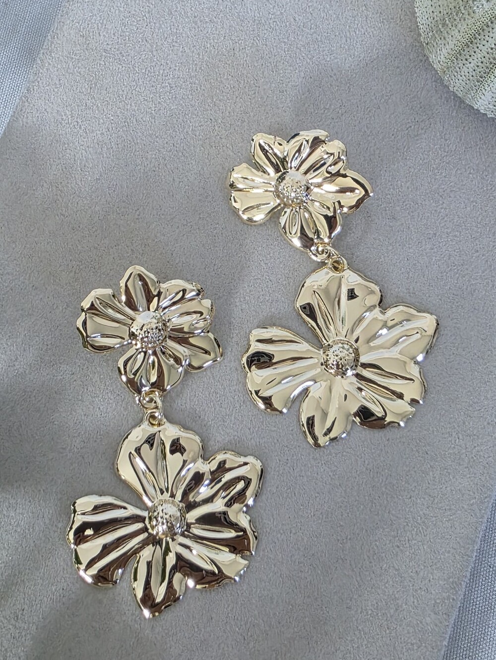 Gold Filled Double Floral Drop Earrings Statement Jewelry